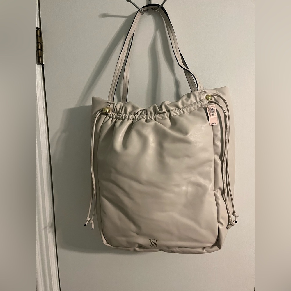 Victoria’s Secret Cream Faux Leather  Drawstring Tote Bag